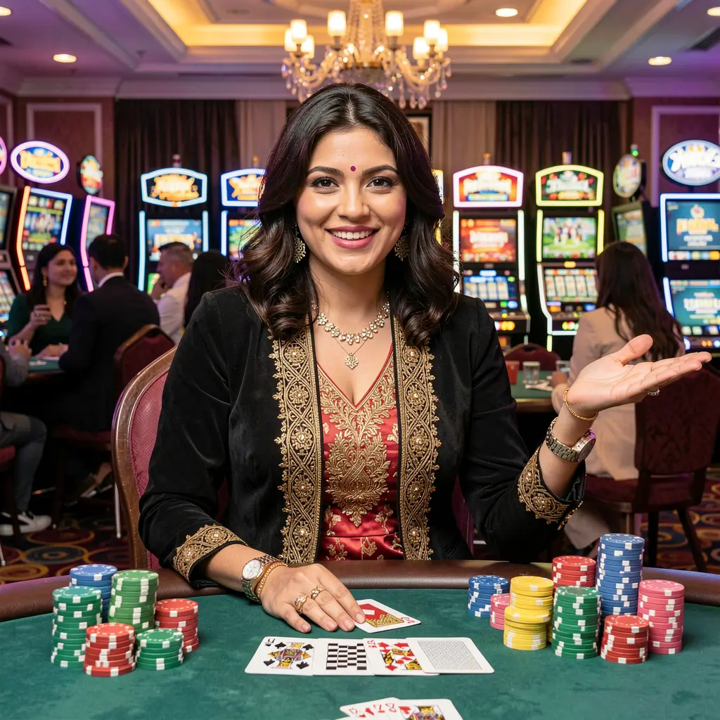 Confident live casino dealer standing at a vibrant gaming table with poker chips and screens in the background showcasing the premium 48OK casino experience for players in Bangladesh